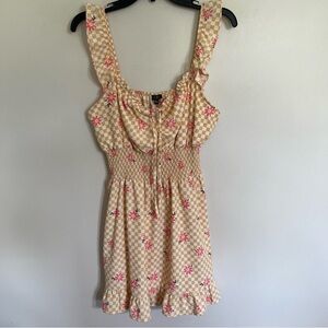 Juniors Lily Rose Mini Dress Size Large Check Floral Sleeveless Smocked Ruffle
